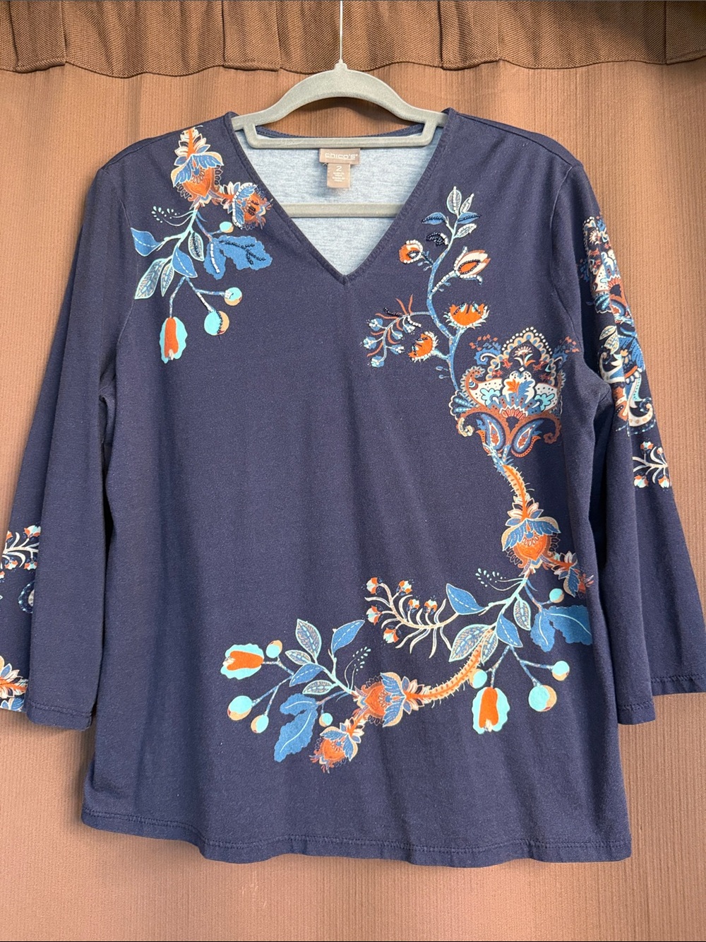 Soft Surroundings Navy V-Neck Long Sleeve Floral Tee with Blue & Orange Accents